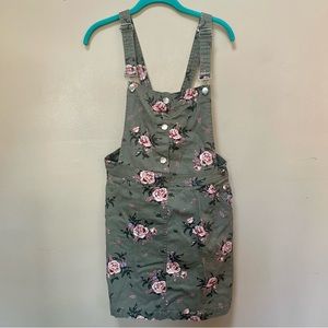 EUC.  H & M Green Floral Skirt Denim Overalls Size 14